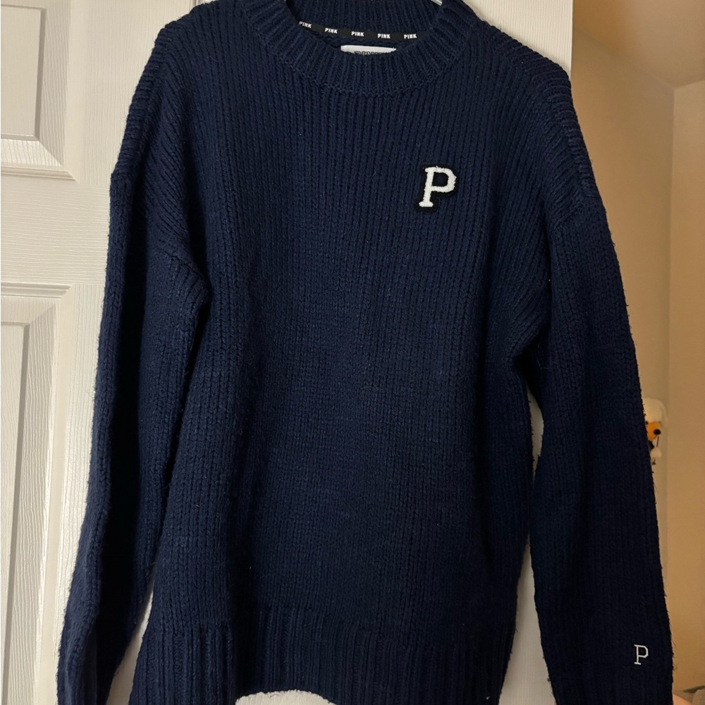 PINK Victoria's Secret Navy Oversized Crewneck Knit Sweater with White 'P' Patch